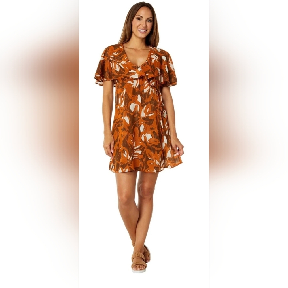 CALVIN KLEIN Flutter Sleeve Wrap Dress 'Earth Multi' Orange Rust Autumn Sz 16 - Picture 12 of 13